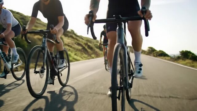 A diverse group of fit men and women cycle powerfully in a synchronized peloton on a sun-drenched coastal road with lush hills during golden hour. Concept of progress and achievement