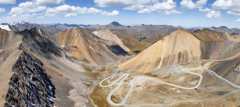 Aerial view, road with serpentines, mountain pass in the Tien Shan, Chong Ashuu Pass, Kyrgyzstan, Issyk Kul, Kyrgyzstan
