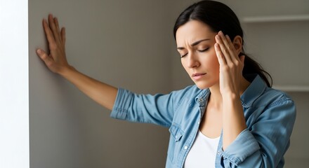 A young woman experiencing a headache, dizziness, or vertigo, leaning against a wall with her eyes closed in discomfort.