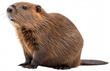 A realistically rendered, medium-sized, brown capybara with dense, slightly damp fur and a calm, inquisitive expression, stands in a three-quarter profile, isolated on transparent background.