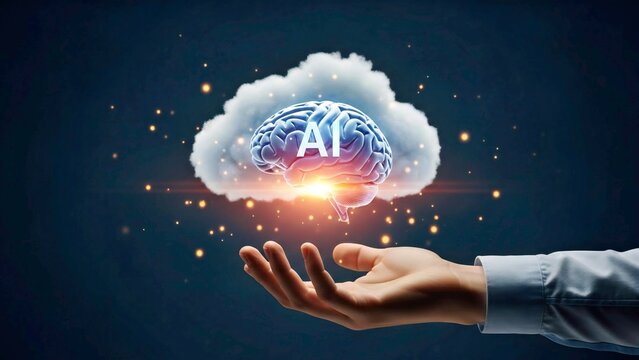 AI Cloud Logo with Luminous Edges and Human Finger Interaction for Smart Data Storage - Powered by Adobe