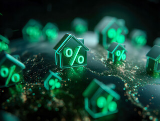 Glowing green house icons with percentage symbols hovering over a world map at night representing global real estate interest rates and financial trends in housing m