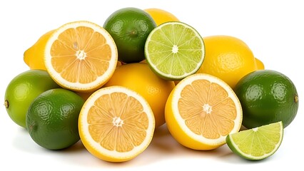 Fototapeta premium A vibrant pile of fresh whole and sliced lemons and limes showcasing their bright yellow and green colors on a clean white background