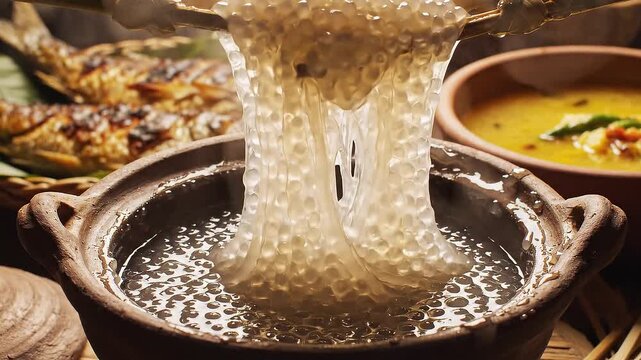 Close-up shot of translucent tapioca pearls being drained from a pot, with blurred grilled fish and curry in the background