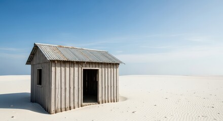 A rustic wooden shack structure rests directly on pristine white tropical beach sand under a clear, bright blue summer sky, peaceful, travel, vacation