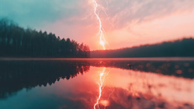 Storm with lightning strikes over lake during sunset and reflection on water