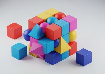 Obraz premium An intricate arrangement of colored geometric blocks representing a difficult logical challenge requiring critical thinking and a strategic solution, effort, target, analysis