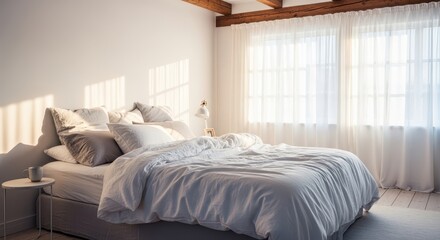 Fototapeta premium Bright, airy bedroom featuring pure wrinkled linen bedding, soft pillows, and warm morning light streaming through sheer curtains. A cozy, rustic aesthetic, textile, home, cozy