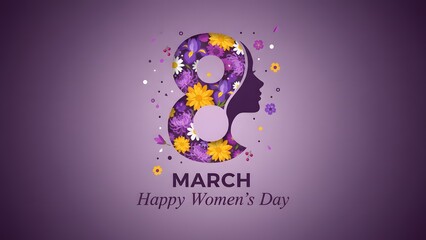 Floral number 8 and woman profile silhouette design for international women's day.