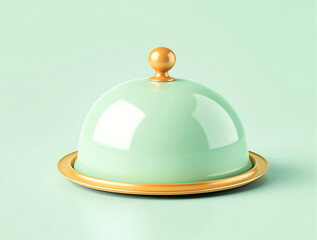 A mint green serving dome with gold accents on a matching surface awaiting culinary presentation