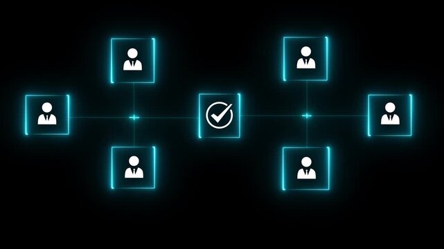 Neon line cubes with human icons connected by arrows and central cube with red check mark symbolizing teamwork and approval in network animation concept on a black background.