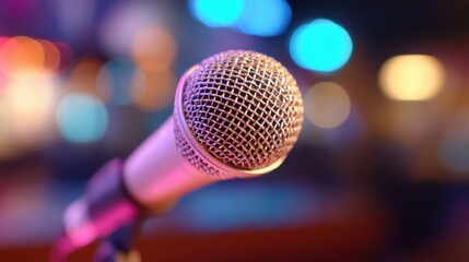 Close view of a microphone at an event in a dimly lit venue