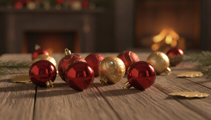 Festive Christmas ornaments on a wooden table with a fireplace in the background