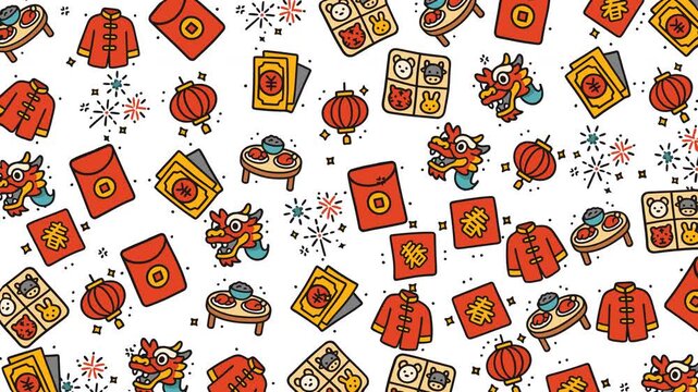 Lunar new year pattern festive celebration oriental traditional culture dragon lantern red envelope suitable for festive designs, greeting cards, backgrounds, and cultural events