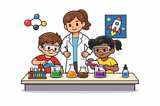 Kids doing chemistry experiment with teacher supervision illustration