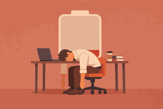 Exhausted office worker slumped at desk, burnout and fatigue