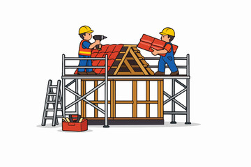 Roof installation on scaffolding, workers placing tiles and using power drill