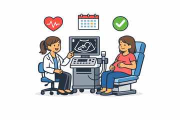 Prenatal ultrasound appointment, doctor explaining baby scan to pregnant woman