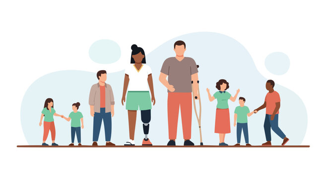 Diverse group of people with varying abilities standing together in a flat illustration promoting inclusivity and community support