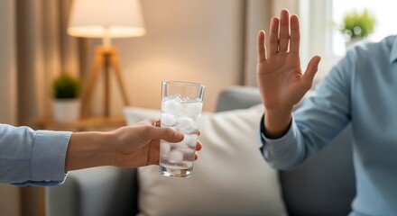 A person's hand offers a glass of ice water to another person who is refusing it with an open palm gesture.