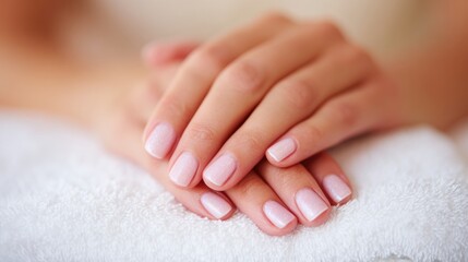 Hands with light nail polish resting on a white towel after a manicure session