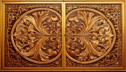 Obraz premium Ornate Golden Carved Wood Panels with Floral Motifs and Circular Designs.