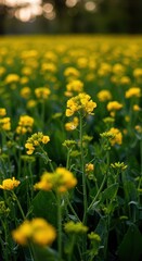Fototapeta premium Vibrant yellow flowers cover a field in springtime, surrounded by lush green foliage and soft natural light, botanical, green, environment