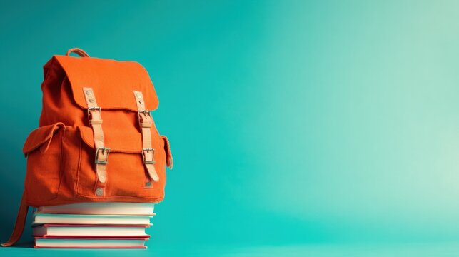 Bright orange backpack on a stack of books against a blue background - Powered by Adobe