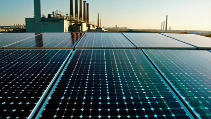 A vast array of solar panels harnessing sunlight on an industrial rooftop, with factory chimneys in the background. the scene emphasizes renewable energy innovation and sustainable industrial developm - Powered by Adobe