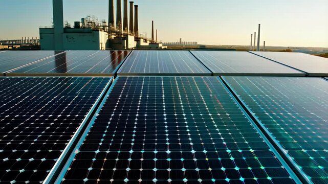 A vast array of solar panels harnessing sunlight on an industrial rooftop, with factory chimneys in the background. the scene emphasizes renewable energy innovation and sustainable industrial developm