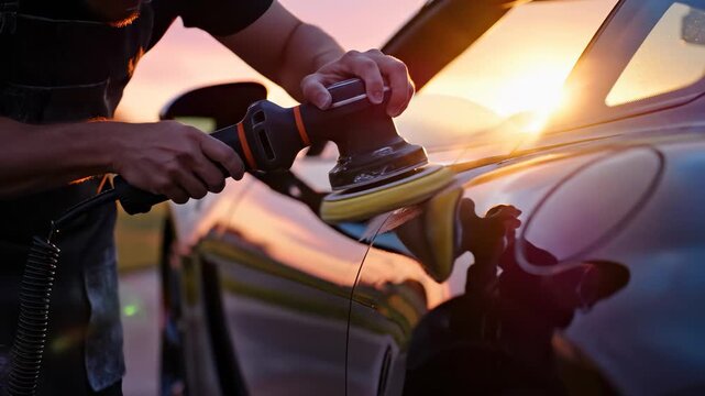 A man polishes his car with a buffer as the sun sets in the background. This scene captures the man's dedication to car detailing, enhancing the car's shine and appearance.