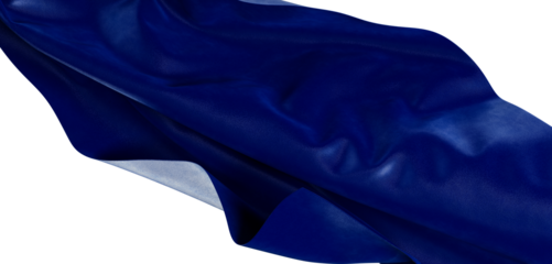 Close up of a vibrant blue sheer fabric billowing and flowing, with a detailed texture and a clean white background.