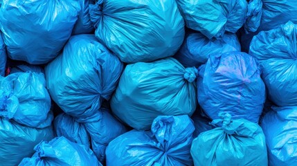 Obraz premium Piles of blue garbage bags stacked for collection in a city area
