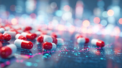 Red and white pills on a glowing digital background with charts