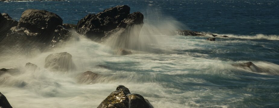 Surf, lava rocks, west coast, Adeje, Tenerife, Canary Islands, Spain