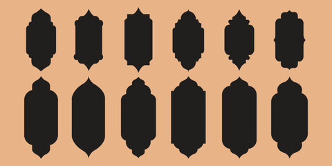 Old mosque windows shape in oriental style. Islamic door set, flat arabic frames or arabian arches silhouette. Muslim architecture geometric design elements, moroccan minimal arcs. Ramadan kareem gate