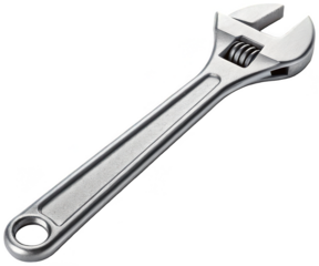A highly detailed, realistic, and slightly worn silver-colored adjustable wrench, crafted from polished metal with visible screw threads and a comfortable, isolated on transparent background.