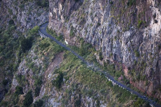 Road blocked by quarries in the Nun's Valley, Curral das Freiras, view from Eiro do Serrado, Madeira, Portugal