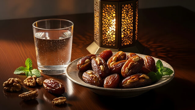 Delicious dates stuffed with walnuts and fresh water near ramadan lantern symbolizing fasting breaking iftar meal