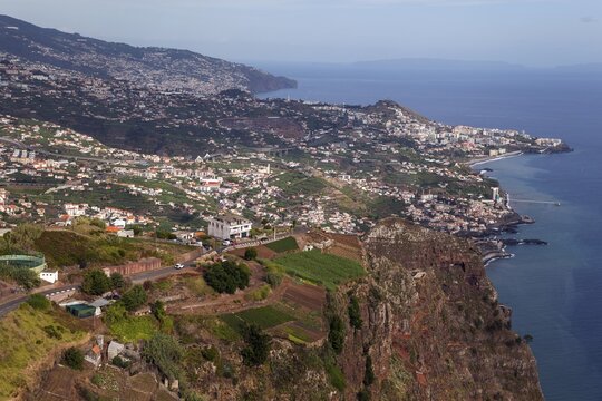 View of the cliffs, Cabo Girao, Camara de Lobos, south coast, Madeira, Portuga from the glass-bottom skywalk viewing platform