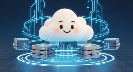 Cute cloud character with technology symbols and server racks in digital network concept