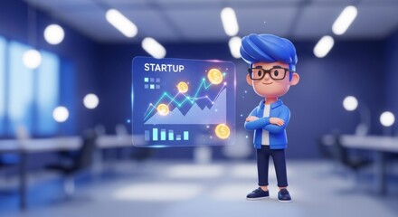 Animated young male character in modern office with startup growth chart