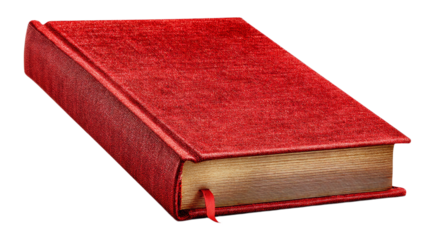 Red hardcover book with bookmark on black background