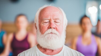 Elderly man meditates with others in yoga class at indoor studio
