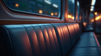 Fototapeta premium Cozy interior of a train, seat with light reflection at night