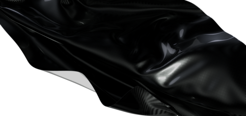 High-quality image of black carbon fiber with a glossy sheen and flowing texture on a white background, perfect for desi