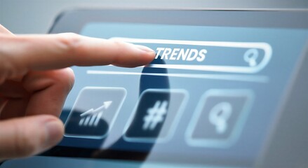 Hand selecting trends icon on digital touchscreen interface