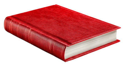 Closed red hardcover book with white pages on white background