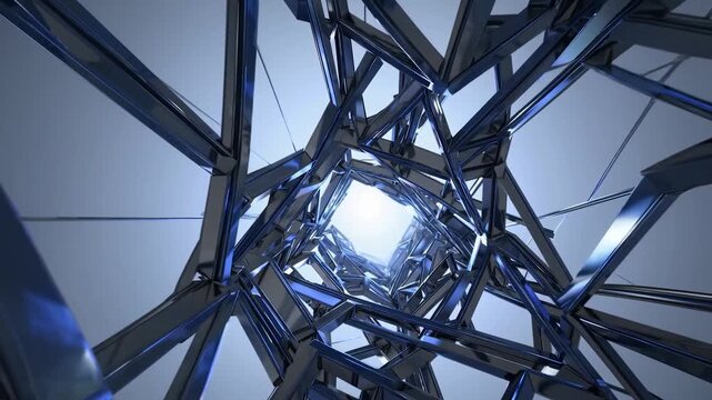 Camera flying forward through an abstract, futuristic tunnel made of reflective blue metallic beams. Seamless and looping animation
