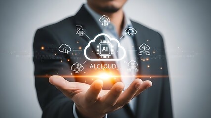 Professional man in suit presenting futuristic ai cloud computing technology network integration with digital connections and glowing